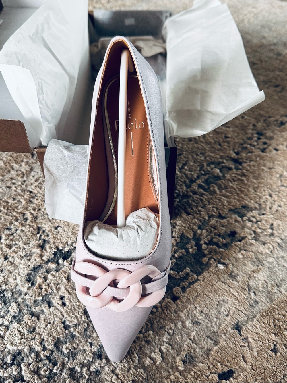 NEW LINEA Paolo Women’s Lavender Leather Slip-On Pointed Toe Chain Flats 6.5M